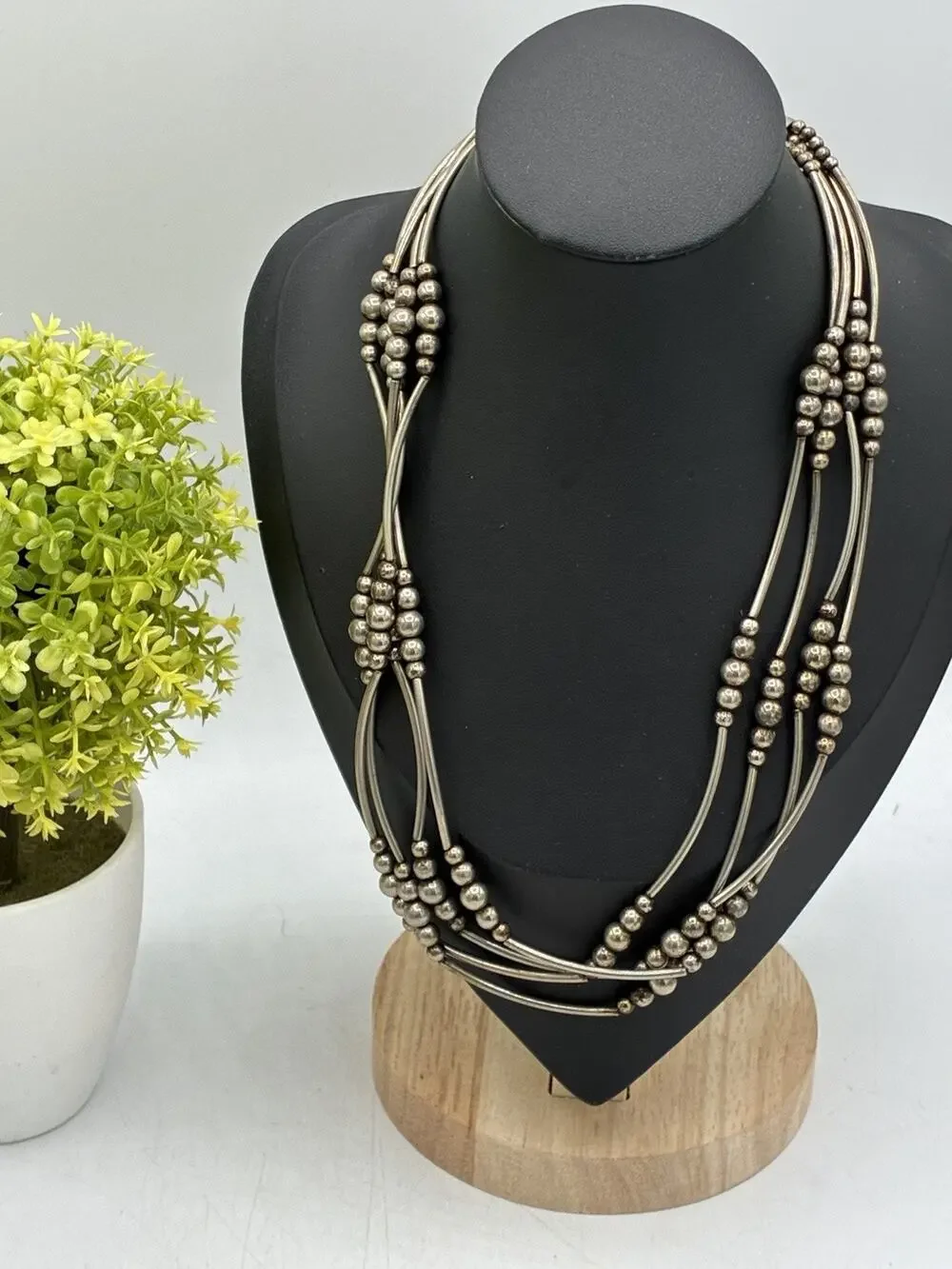 Vintage Multi Strand Liquid Silver Necklace Southwestern Style Bead 18 Inch